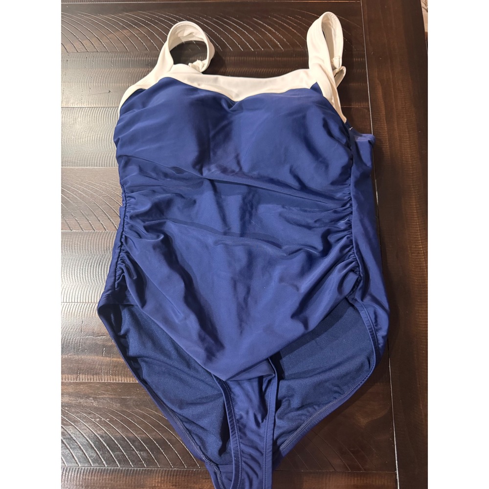 Shade & Shore Navy Blue White Ruched One Piece Swimsuit Size 17 Padded Strappy